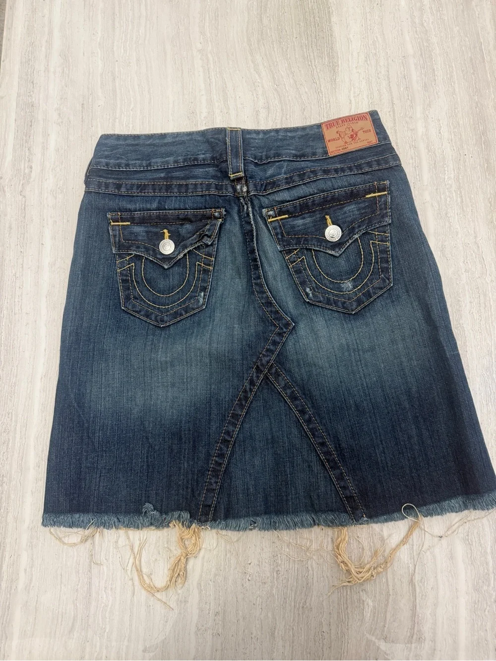 True Religion Dark Blue Denim Midi Skirt 
'World Tour' style with raw hem_2